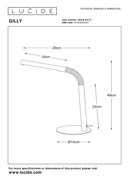 Lucide GILLY - Bureaulamp - LED - 1x5W 2700K - Wit - technisch